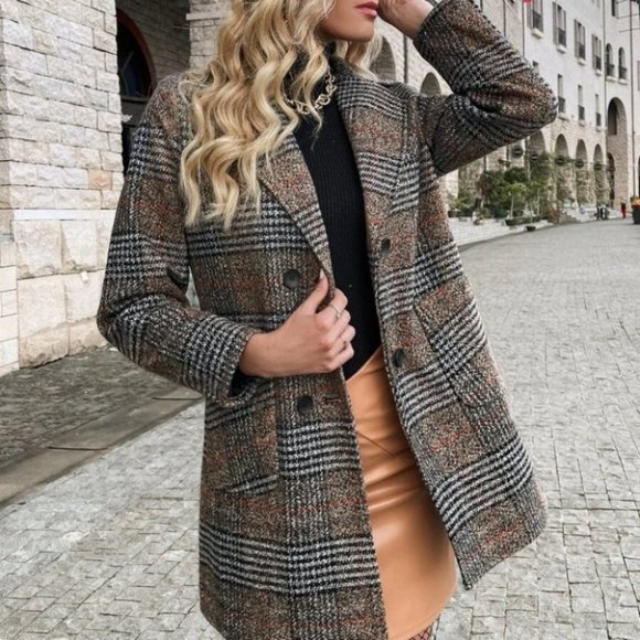 Classy plaid double breast Overcoat Jacket Shacket Coat brown - Picture 3 of 6